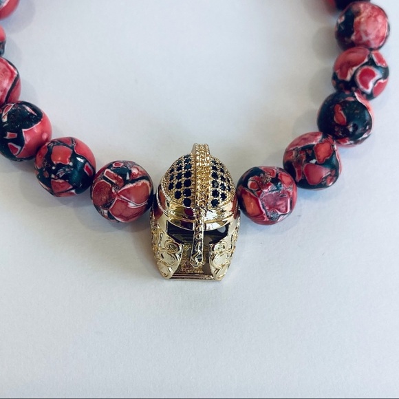 HAND CRAFTED Gladiator & Imperial Jasper Stretch Bracelet 6.5” Red Gold NWT - Picture 3 of 15